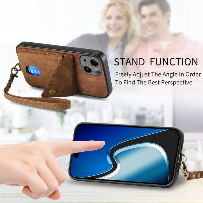 For Iphone 15 Retro Card Wallet Fold Leather Phone Case With Strap