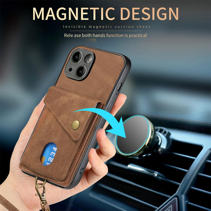 For Iphone 15 Retro Card Wallet Fold Leather Phone Case With Strap