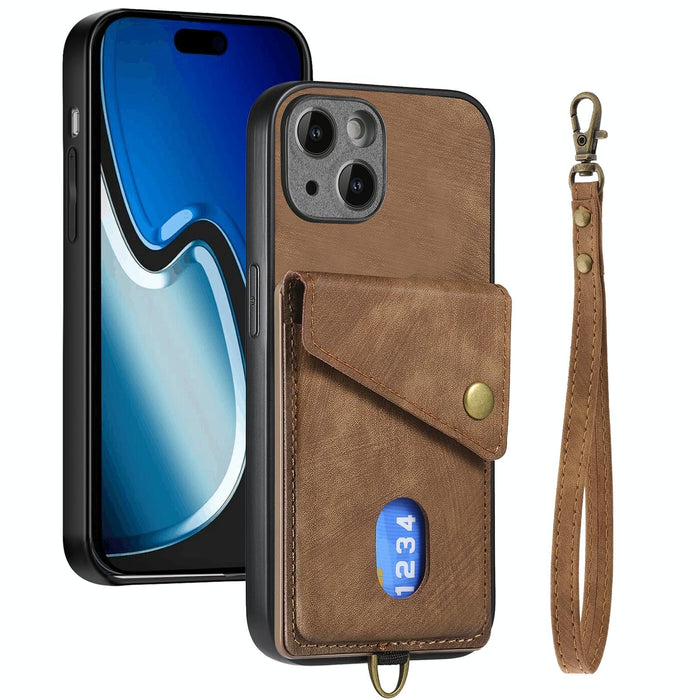 For Iphone 15 Retro Card Wallet Fold Leather Phone Case With Strap