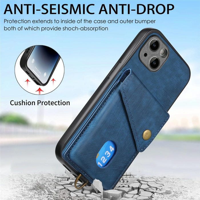 For Iphone 15 Retro Card Wallet Fold Leather Phone Case With Strap