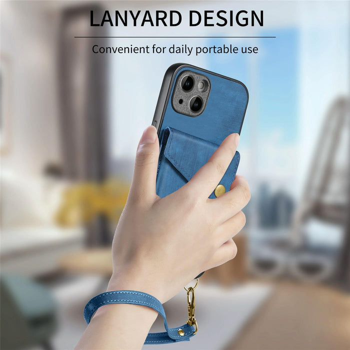 For Iphone 15 Retro Card Wallet Fold Leather Phone Case With Strap