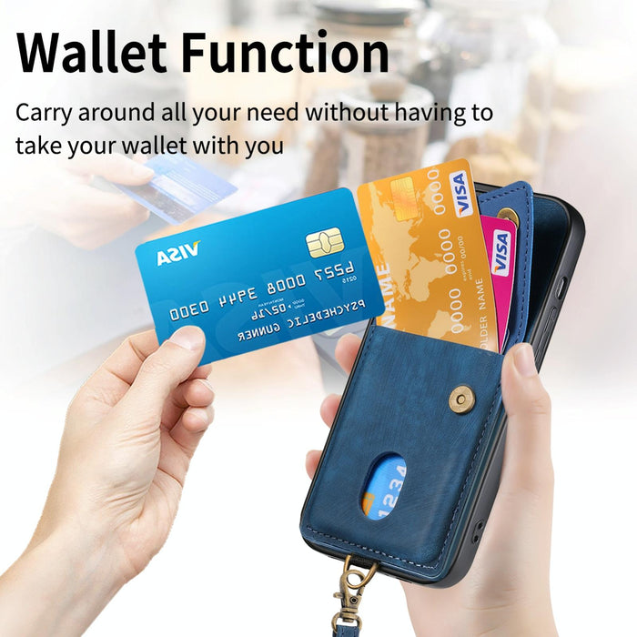 For Iphone 15 Retro Card Wallet Fold Leather Phone Case With Strap