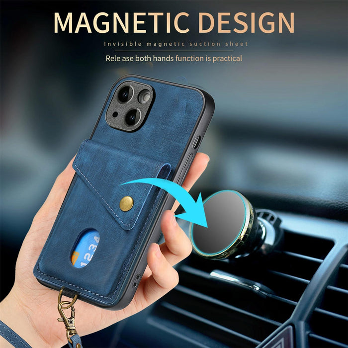 For Iphone 15 Retro Card Wallet Fold Leather Phone Case With Strap