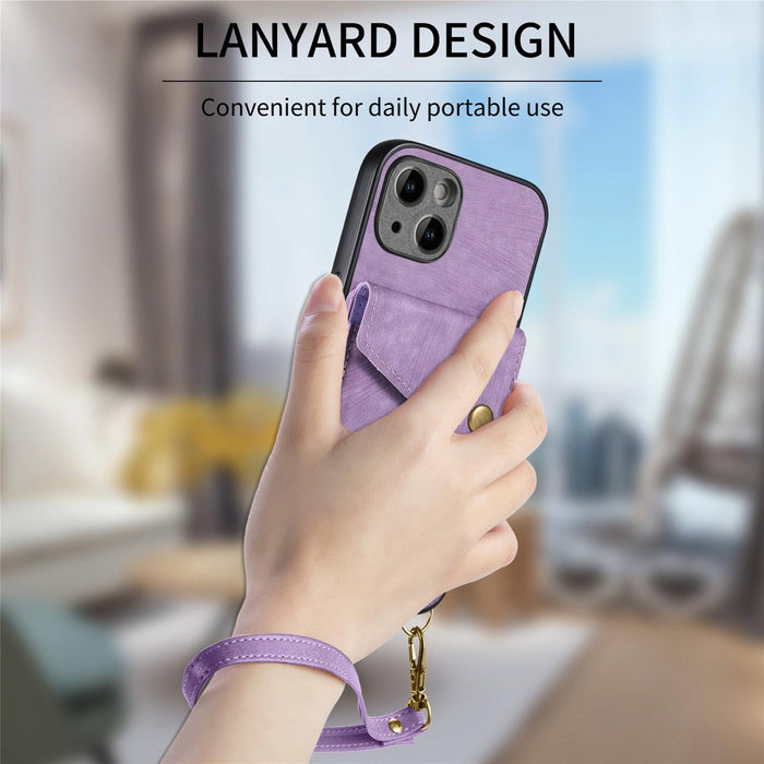 For Iphone 15 Retro Card Wallet Fold Leather Phone Case With Strap