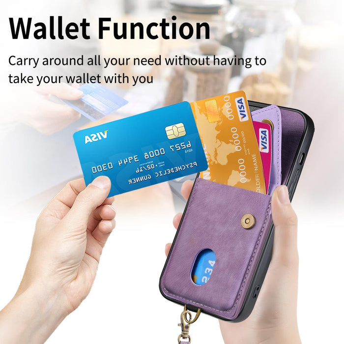 For Iphone 15 Retro Card Wallet Fold Leather Phone Case With Strap