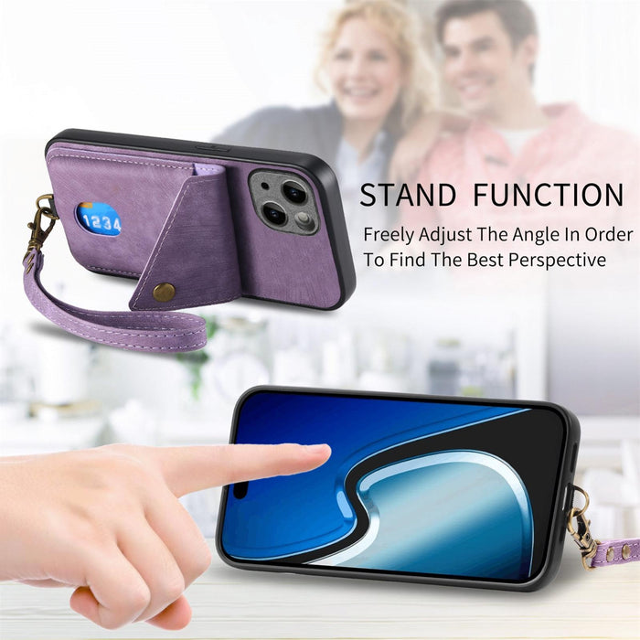 For Iphone 15 Retro Card Wallet Fold Leather Phone Case With Strap