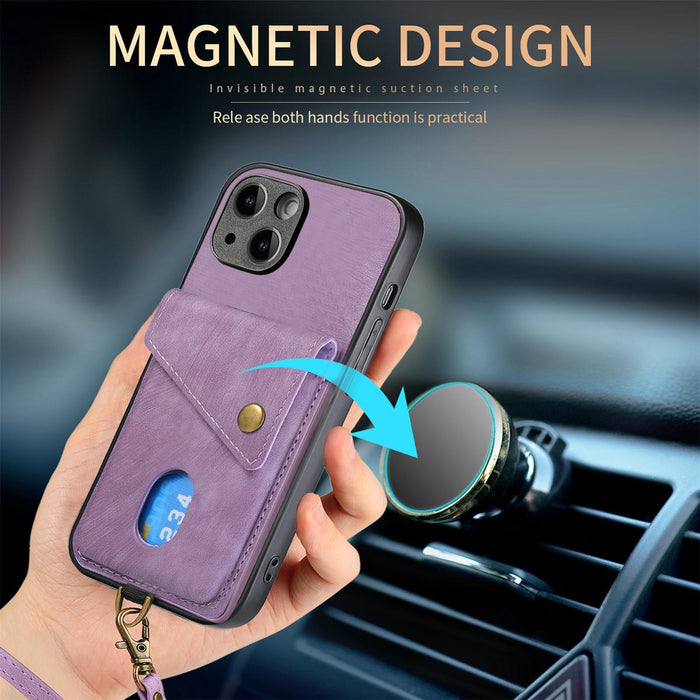 For Iphone 15 Retro Card Wallet Fold Leather Phone Case With Strap