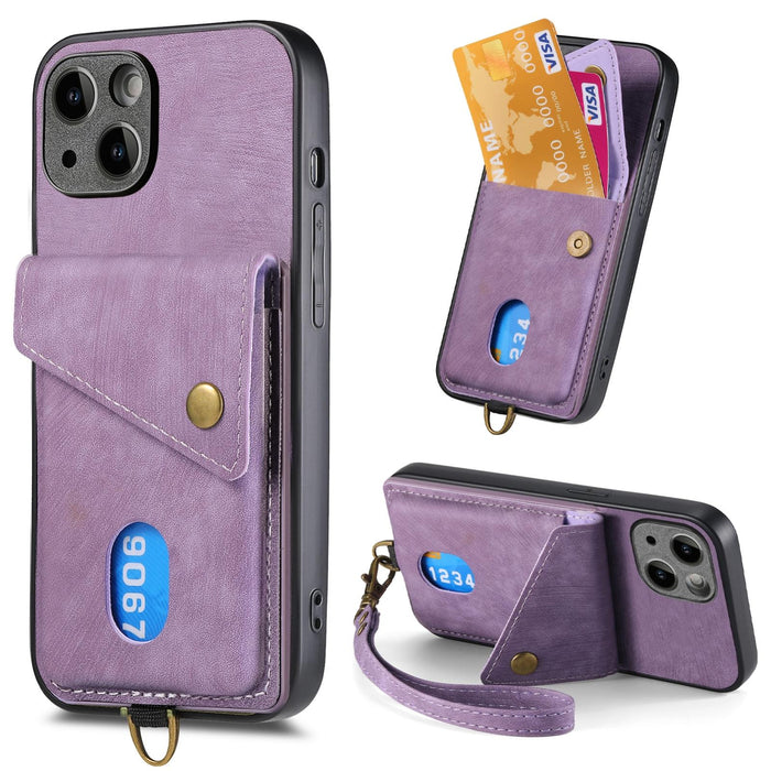 For Iphone 15 Retro Card Wallet Fold Leather Phone Case With Strap