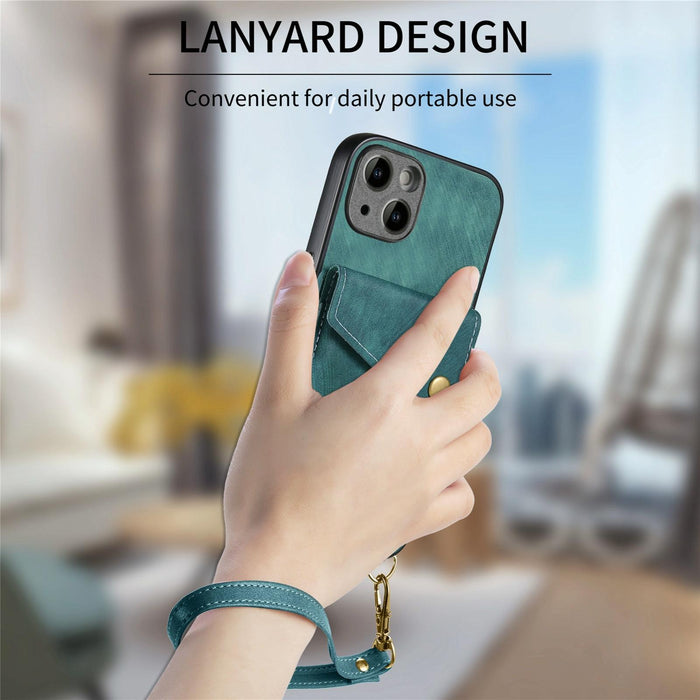 For Iphone 15 Retro Card Wallet Fold Leather Phone Case With Strap