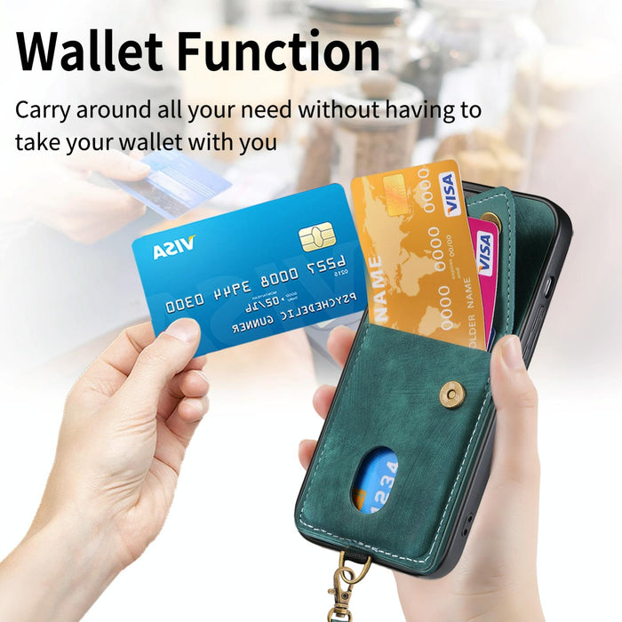 For Iphone 15 Retro Card Wallet Fold Leather Phone Case With Strap