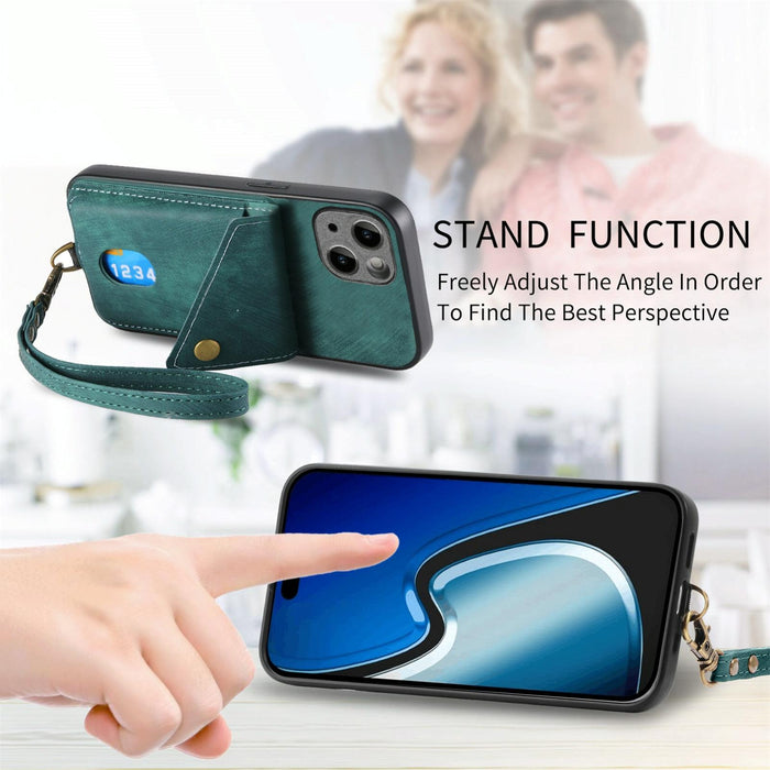 For Iphone 15 Retro Card Wallet Fold Leather Phone Case With Strap