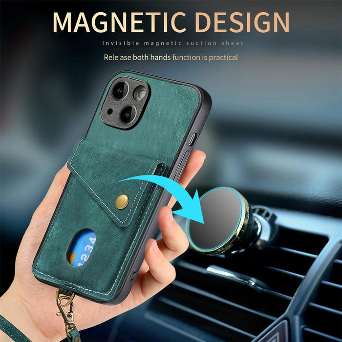 For Iphone 15 Retro Card Wallet Fold Leather Phone Case With Strap