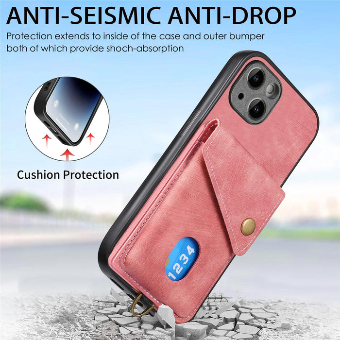 For Iphone 15 Retro Card Wallet Fold Leather Phone Case With Strap