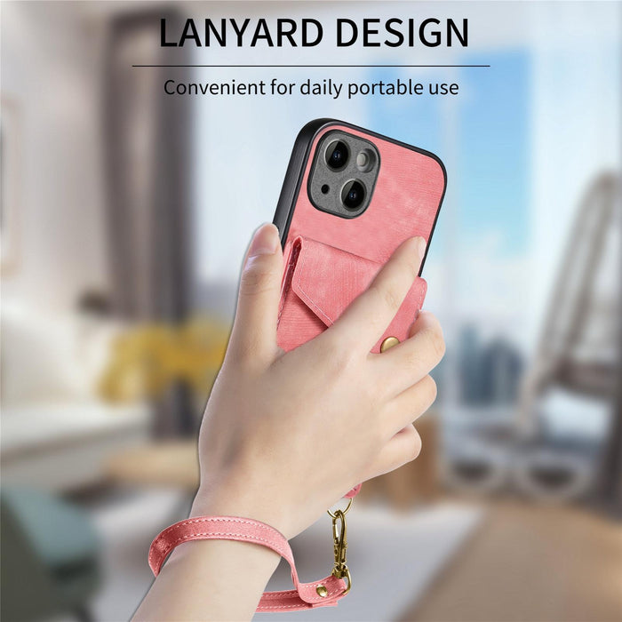 For Iphone 15 Retro Card Wallet Fold Leather Phone Case With Strap