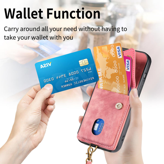 For Iphone 15 Retro Card Wallet Fold Leather Phone Case With Strap
