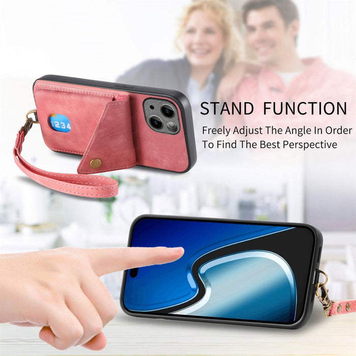 For Iphone 15 Retro Card Wallet Fold Leather Phone Case With Strap