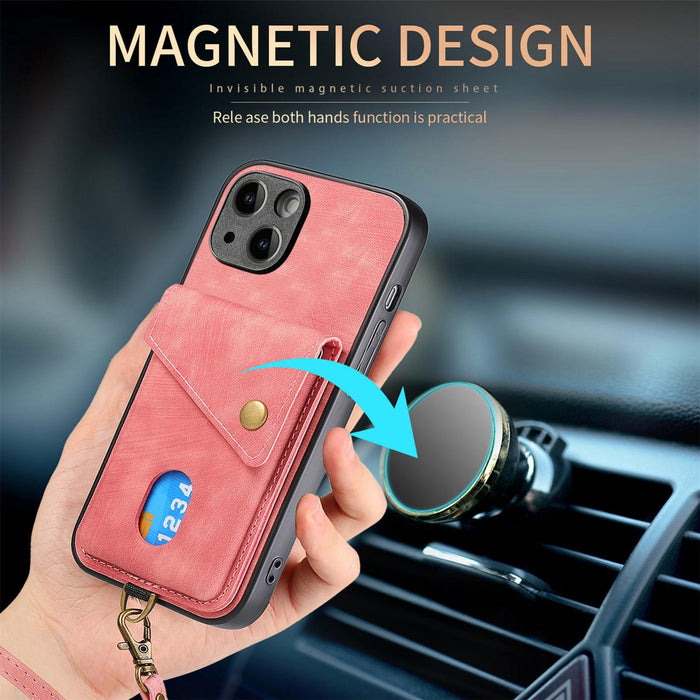 For Iphone 15 Retro Card Wallet Fold Leather Phone Case With Strap