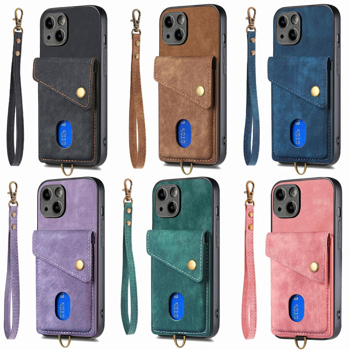 For Iphone 15 Retro Card Wallet Fold Leather Phone Case With Strap