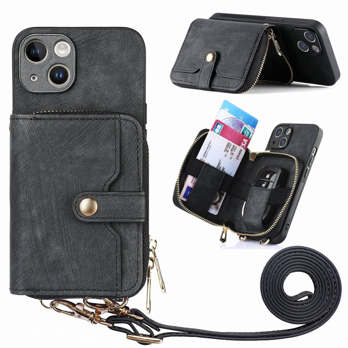 For Iphone 15 Crossbody Multi-Function Zipper Wallet Phone Case