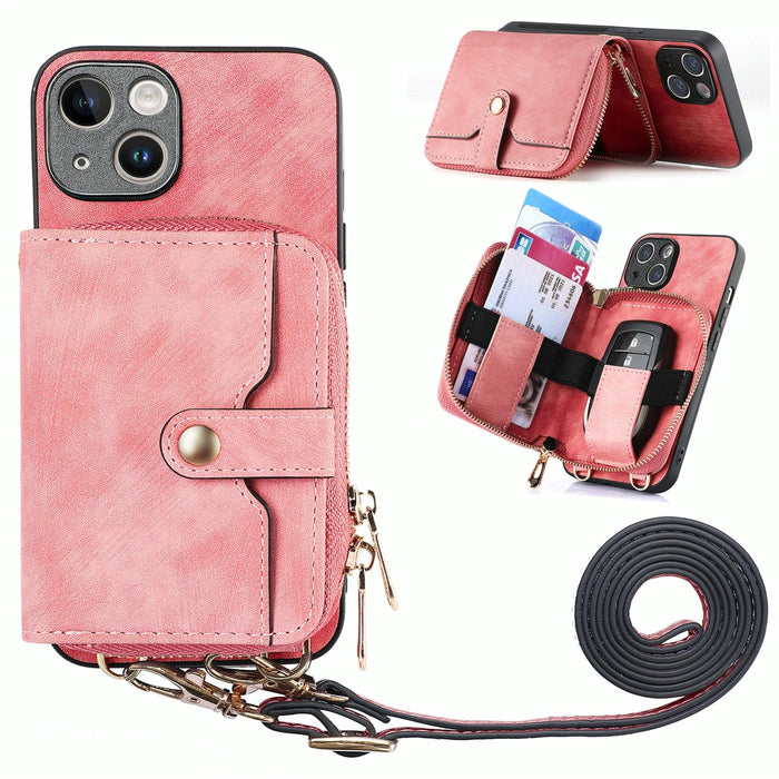 For Iphone 15 Crossbody Multi-Function Zipper Wallet Phone Case