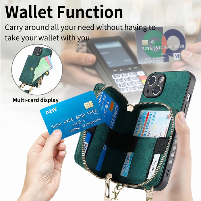 For Iphone 15 Crossbody Multi-Function Zipper Wallet Phone Case