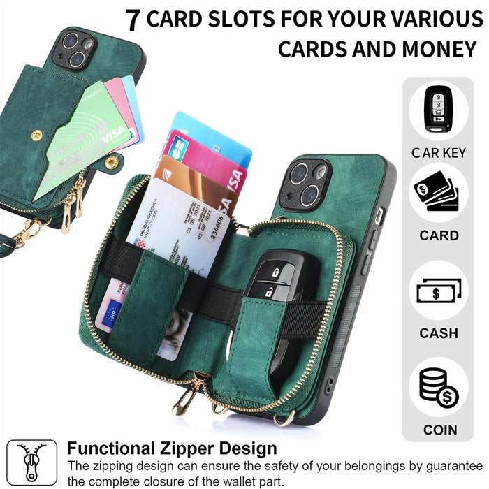 For Iphone 15 Crossbody Multi-Function Zipper Wallet Phone Case