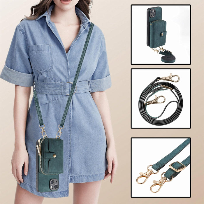 For Iphone 15 Crossbody Multi-Function Zipper Wallet Phone Case