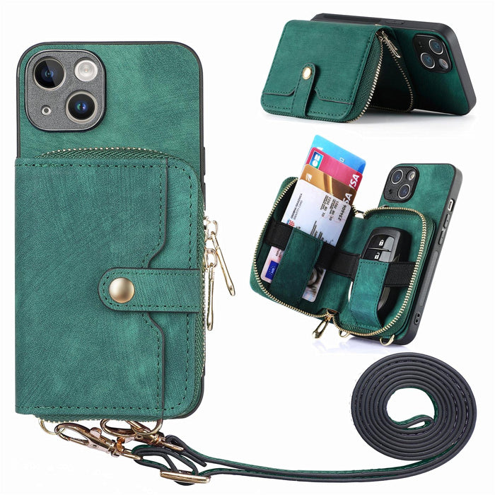 For Iphone 15 Crossbody Multi-Function Zipper Wallet Phone Case