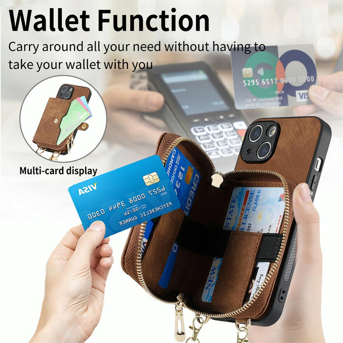For Iphone 15 Crossbody Multi-Function Zipper Wallet Phone Case