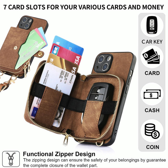 For Iphone 15 Crossbody Multi-Function Zipper Wallet Phone Case