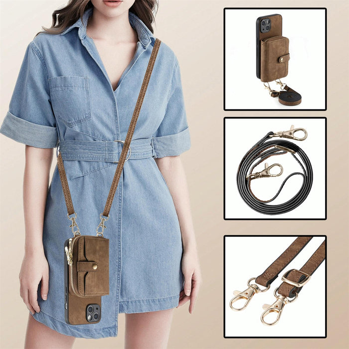 For Iphone 15 Crossbody Multi-Function Zipper Wallet Phone Case