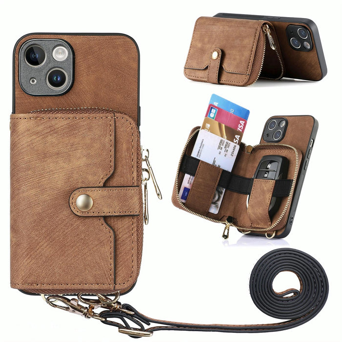 For Iphone 15 Crossbody Multi-Function Zipper Wallet Phone Case