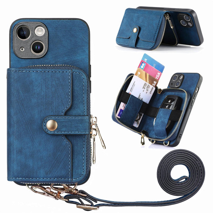 For Iphone 15 Crossbody Multi-Function Zipper Wallet Phone Case