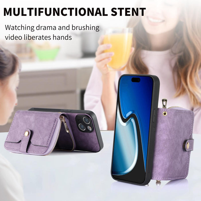 For Iphone 15 Crossbody Multi-Function Zipper Wallet Phone Case