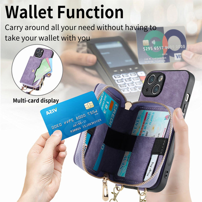 For Iphone 15 Crossbody Multi-Function Zipper Wallet Phone Case