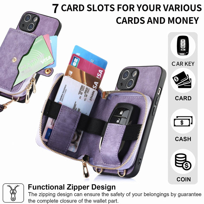 For Iphone 15 Crossbody Multi-Function Zipper Wallet Phone Case