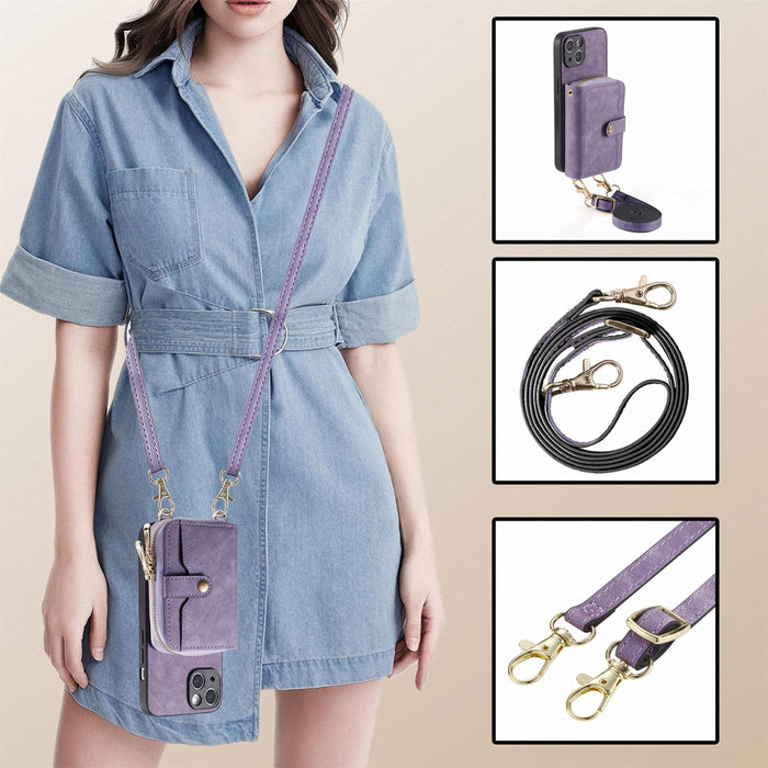 For Iphone 15 Crossbody Multi-Function Zipper Wallet Phone Case