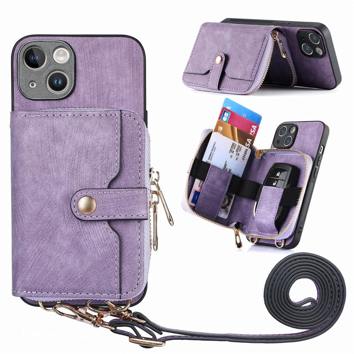 For Iphone 15 Crossbody Multi-Function Zipper Wallet Phone Case