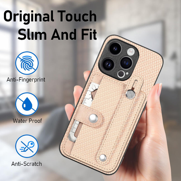 For Iphone 15 Wristband Kickstand Card Wallet Back Phone Case With Tool Knife