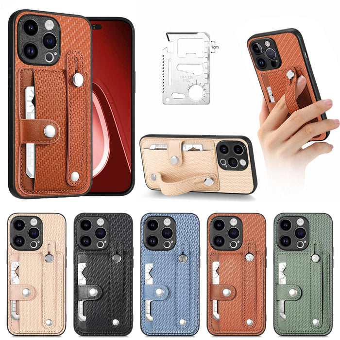For Iphone 15 Wristband Kickstand Card Wallet Back Phone Case With Tool Knife