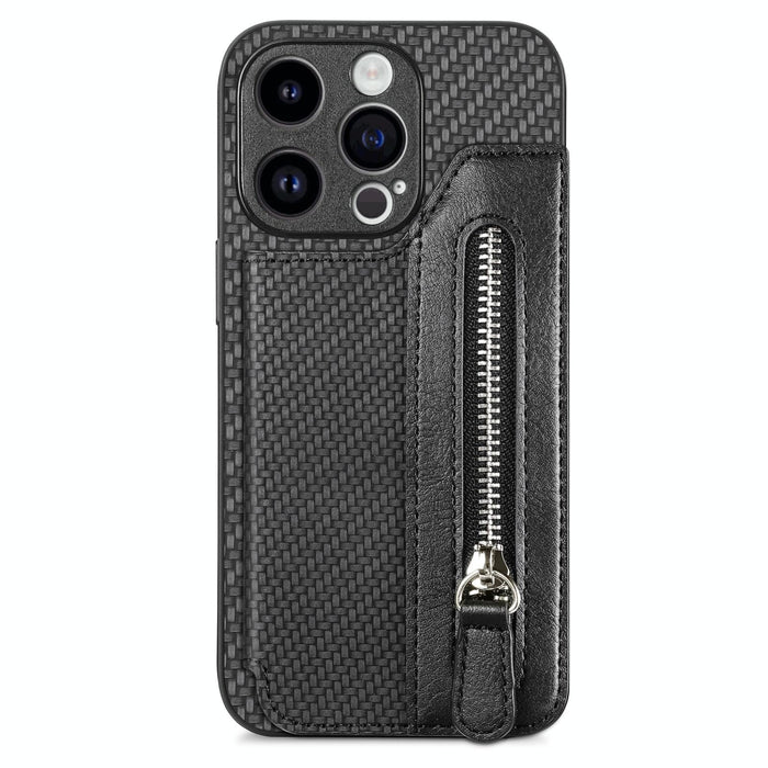For Iphone 15 Carbon Fiber Horizontal Flip Zipper Wallet Phone Case