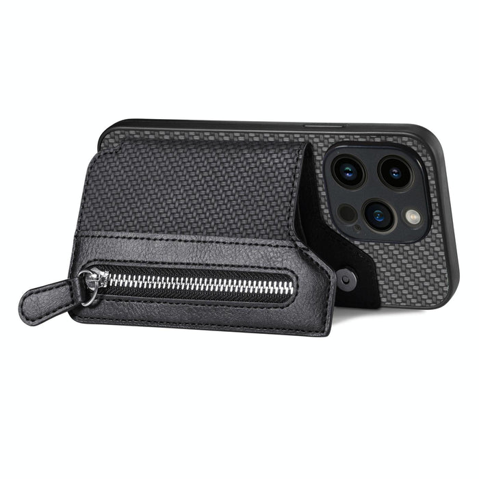 For Iphone 15 Carbon Fiber Horizontal Flip Zipper Wallet Phone Case