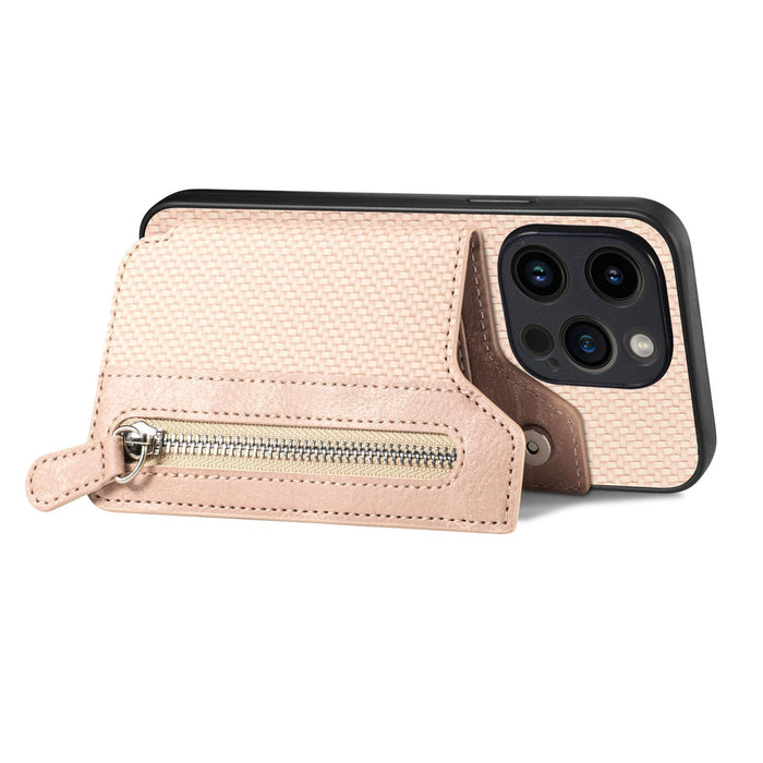 For Iphone 15 Carbon Fiber Horizontal Flip Zipper Wallet Phone Case