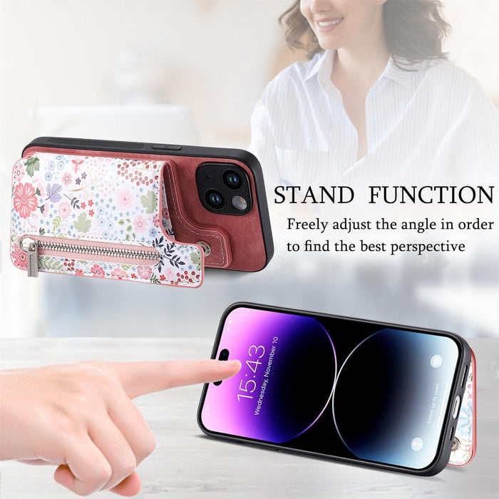 For Iphone 15 Retro Painted Zipper Wallet Back Phone Case