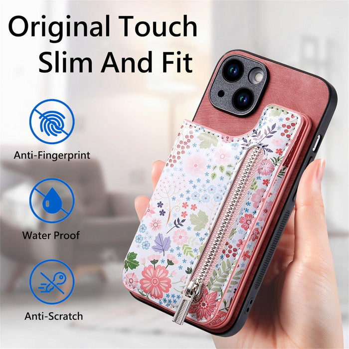 For Iphone 15 Retro Painted Zipper Wallet Back Phone Case