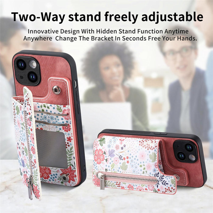 For Iphone 15 Retro Painted Zipper Wallet Back Phone Case