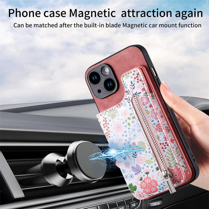 For Iphone 15 Retro Painted Zipper Wallet Back Phone Case