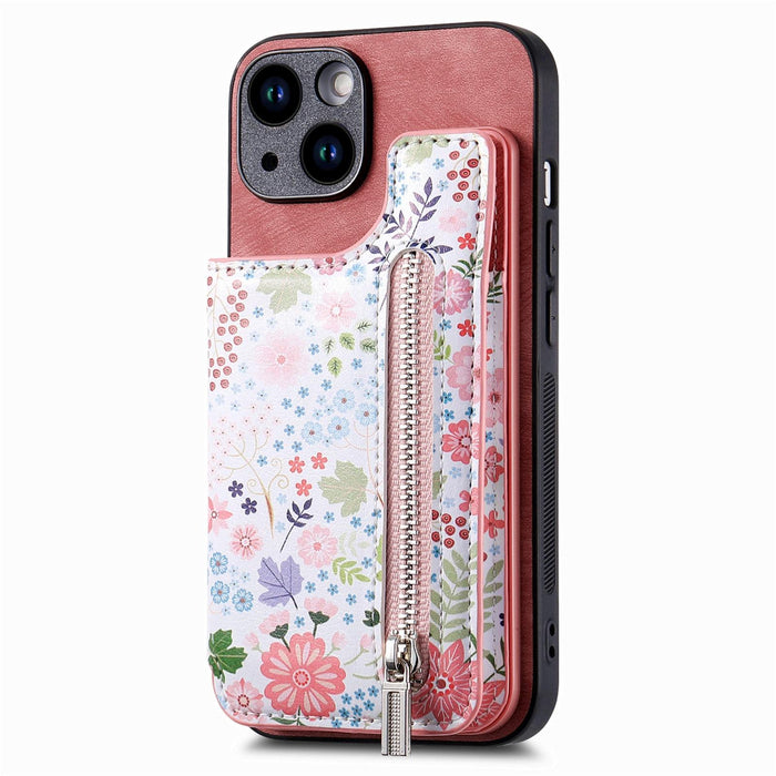 For Iphone 15 Retro Painted Zipper Wallet Back Phone Case