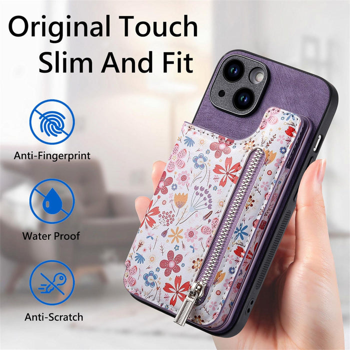 For Iphone 15 Retro Painted Zipper Wallet Back Phone Case