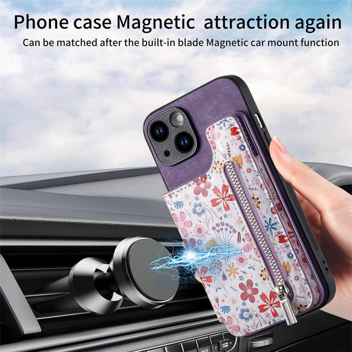 For Iphone 15 Retro Painted Zipper Wallet Back Phone Case